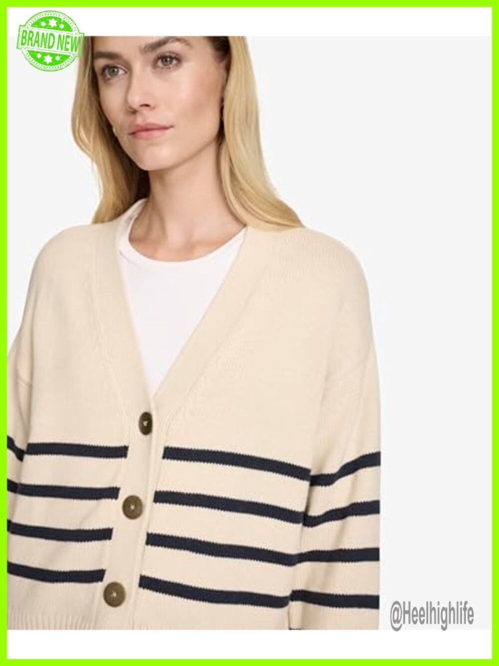 Long Sleeve V-Neck Striped Cotton Cardigan Sweater - Picture 4 of 6